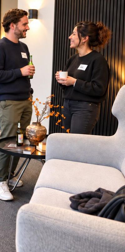 Zwei Teilnehmende mit Namensschildern im Gespräch